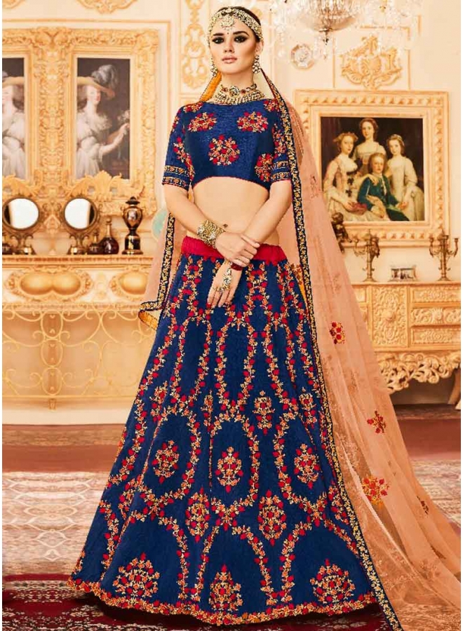 Royal Blue Embroidery Thread Work Net Silk Designer Wedding Lehenga Choli